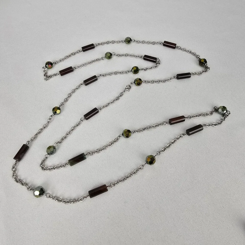 Natural Stone Beaded Chain Link Long Necklace - Picture 3 of 6